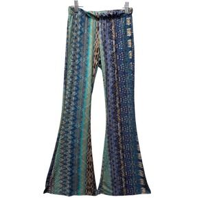 Persaya Womens Blue Gold Ikat Geometric Flare Bell Bottom Pants Boho  Small